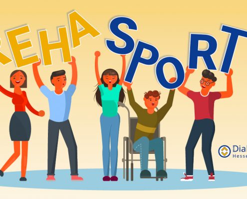 Gruppe von Figuren, die das Wort REHA-Sport hochhält