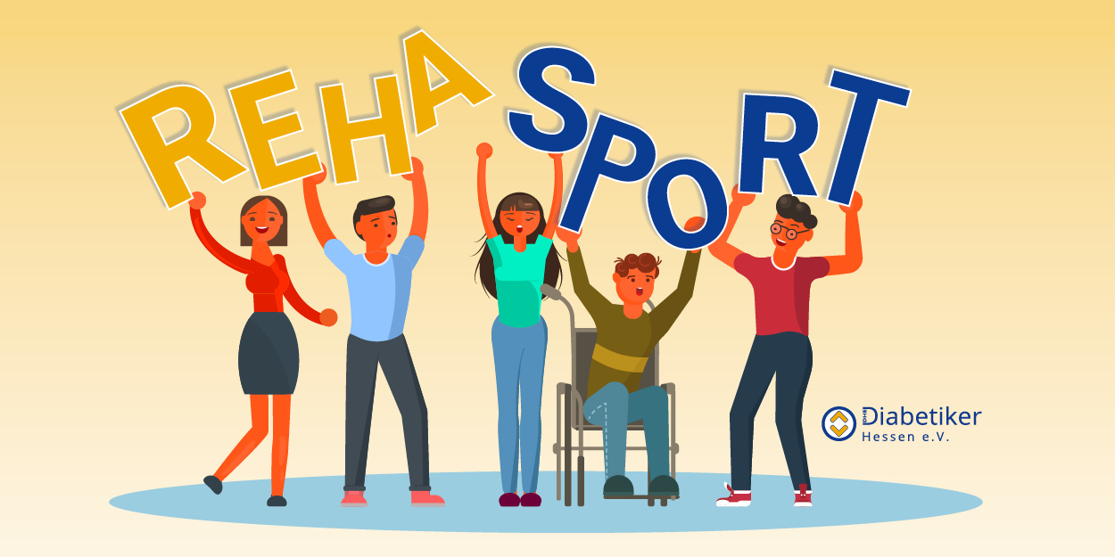 Gruppe von Figuren, die das Wort REHA-Sport hochhält